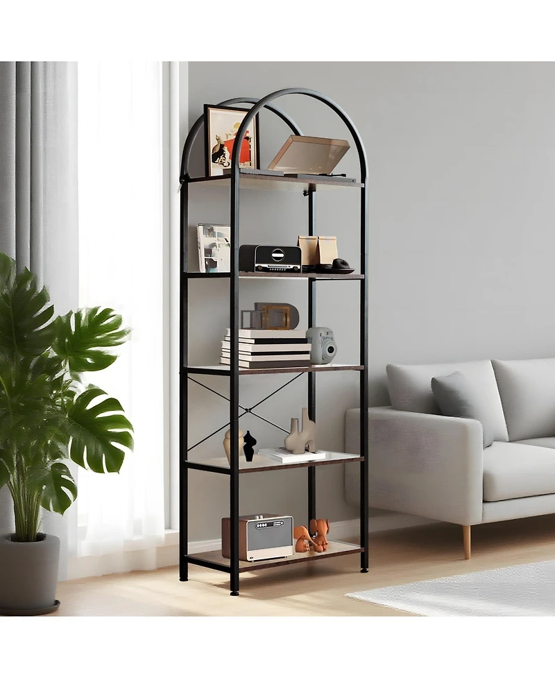 gaomon 5-Tier Modern Arched Bookshelf with Metal Frame, Tall Open Display Storage Rack