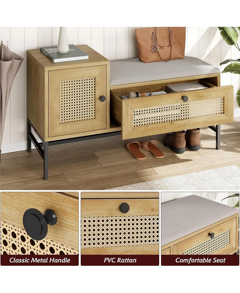 gaomon Rattan Shoe Bench Entryway Bench with Storage Drawer and Cabinet, Wooden Storage Bench with Linen Seat Cushion, for Hallway and Bedroom