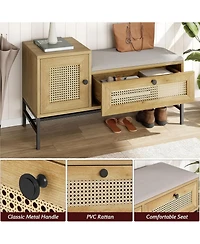 gaomon Rattan Shoe Bench Entryway Bench with Storage Drawer and Cabinet, Wooden Storage Bench with Linen Seat Cushion, for Hallway and Bedroom