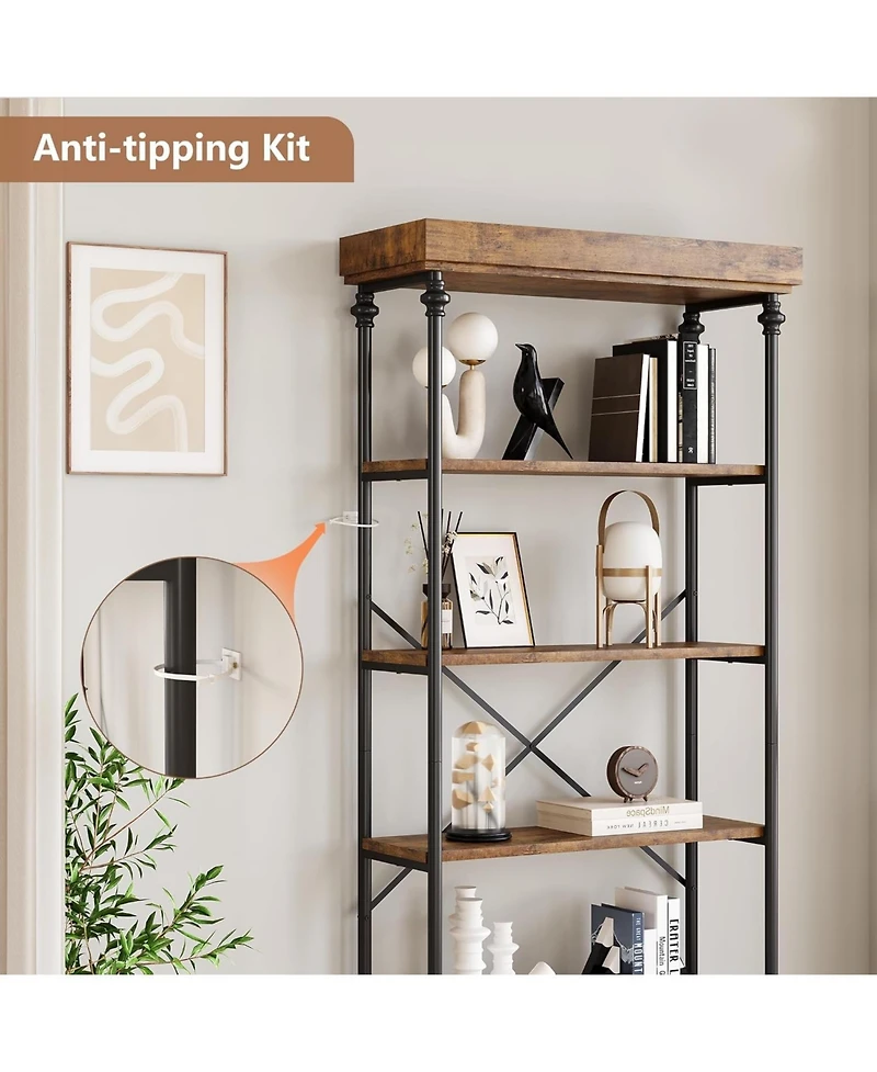 gaomon 6-Tier Industrial Wooden Bookshelf with Metal Frame, Rustic Tall Display Rack for Living Room