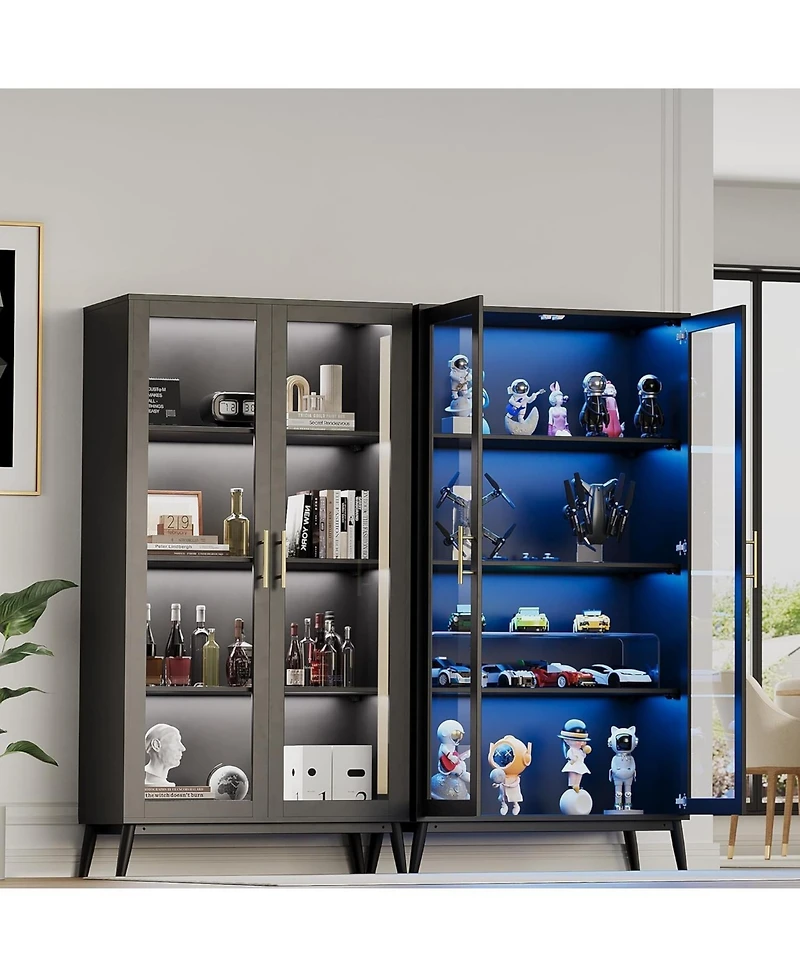 gaomon Glass Display Cabinet with Rgb Lights,4 Tier Curio Cabinets with 3 Color Lights,Display Case with Human Body Sensor & Usb Ports, Corner Storage