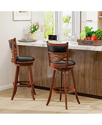 Gymax Bar Height Stools Set of 4 with Rubber Wood Frame Faux Leather Upholstered Seat