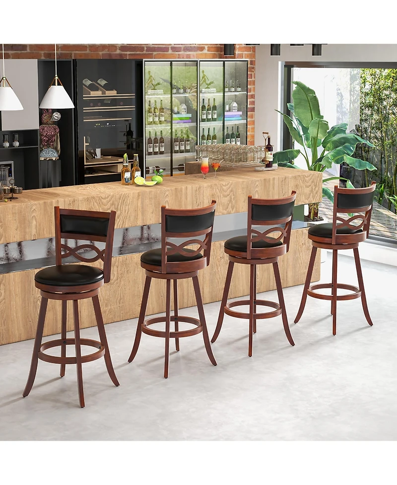 GymaxBar Height Stools Set of 2 w/Rubber Wood Frame Faux Leather Upholstered Seat