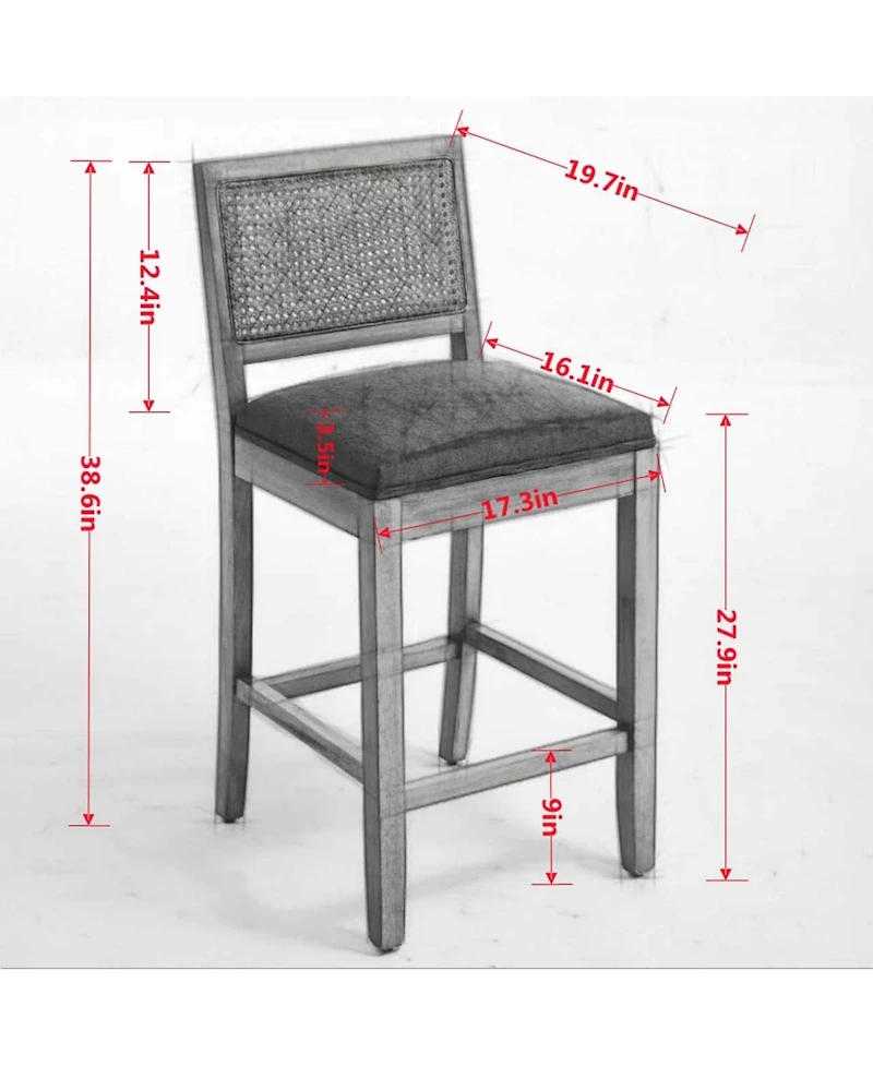 Maison Boucle Seat Solid Wood Rattan Back Bar Stools, Linen Cushion, Set of 2