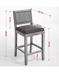 Maison Boucle Seat Solid Wood Rattan Back Bar Stools, Linen Cushion, Set of 2