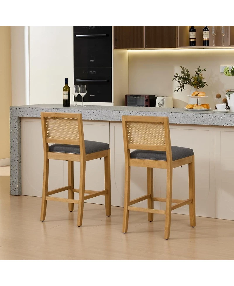 Maison Boucle Seat Solid Wood Rattan Back Bar Stools, Linen Cushion, Set of 2