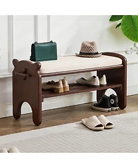 Rainsken Shoe Storage Bench, 2-Tier Wooden Entryway Bench with Faux Leather Cushion, Shoe Rack for Hallway, Living Room