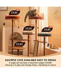Zeus and Ruta Modern Cat Tower Cat Furniture with Veneer Shelves Solid Rubberwood Posts and Sisal and Acrylic Pod