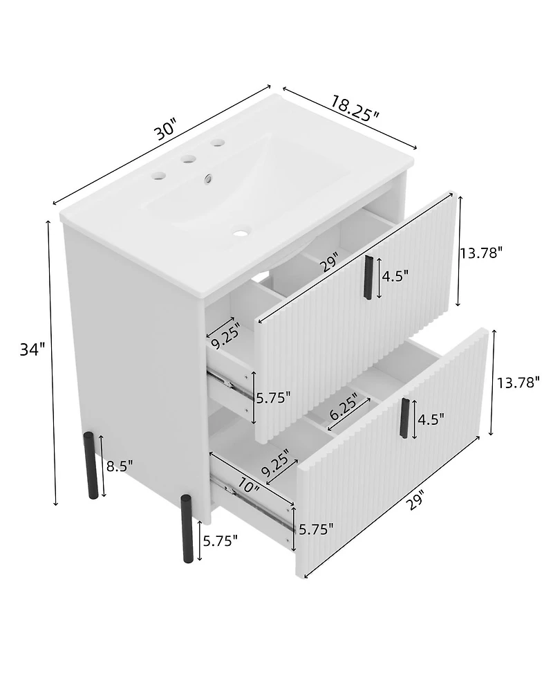 Sillysis Bathroom Vanity with Sink, Modern Fluted Mdf Cabinet, Soft Close Full-Extension Drawers for Small Spaces