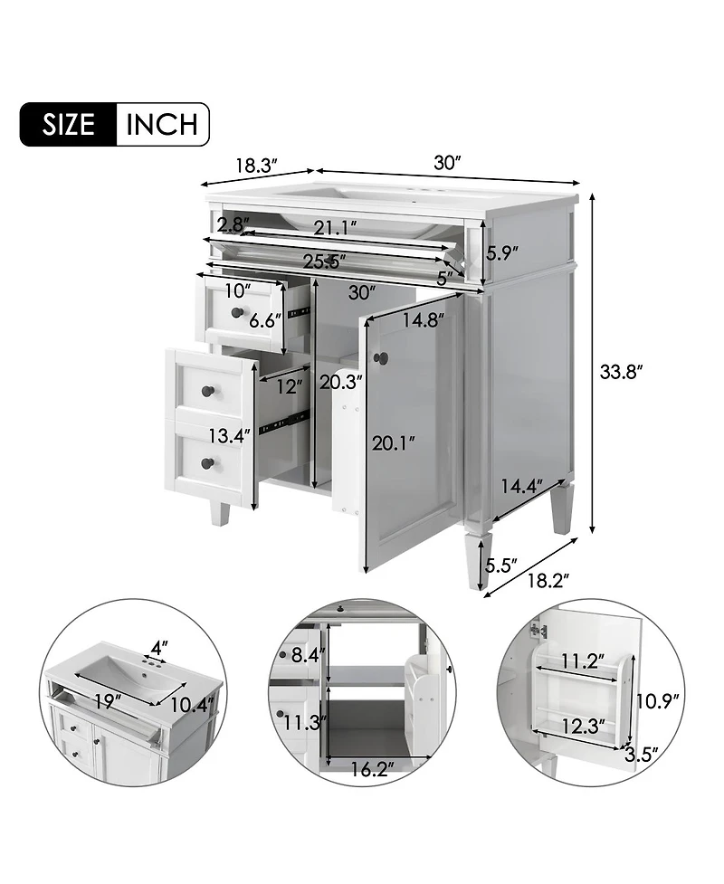 Sillysis Bathroom Vanity with Ceramic Sink, Solid Wood Cabinet, Ample Storage Drawers Adjustable Shelf for Small