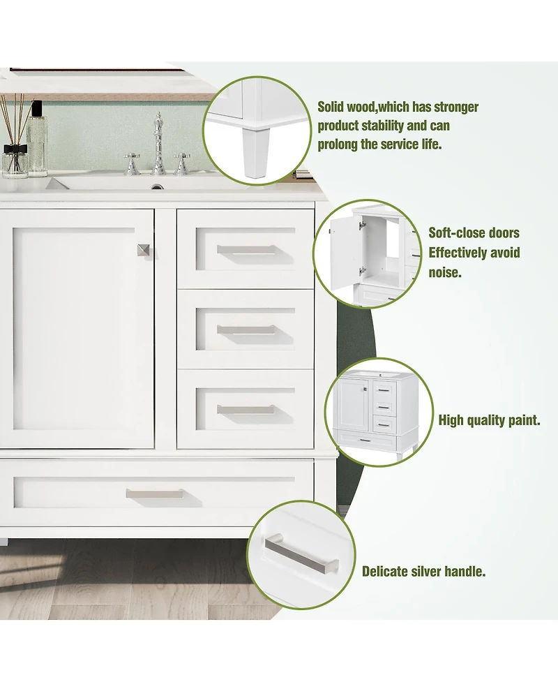 Sillysis Sage Green Bathroom Vanity with Ceramic Sink, Freestanding Solid Wood Mdf Cabinet, 3 Drawers Soft Close Door for Small Bathrooms