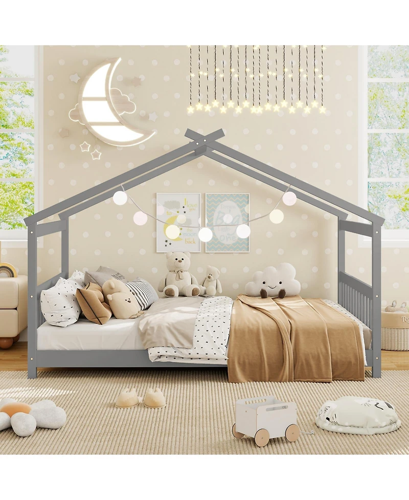 Sugift Full House Bed Montessori Floor Bed with Headboard