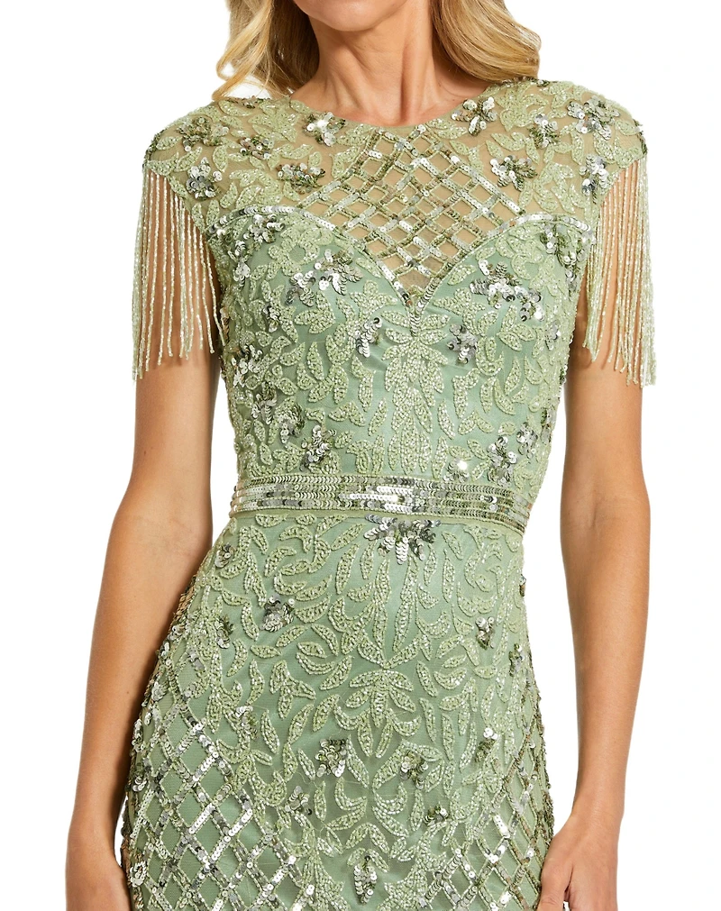 Mac Duggal Petite Beaded Fringe High-Neck Fitted Evening Gown