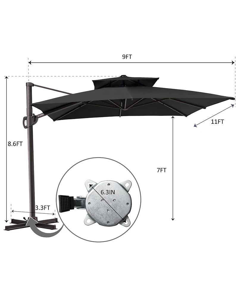 Pellebant Outdoor Patio Double Top 9x11FT Aluminum Cantilever Umbrella 360degree(s) Rotation