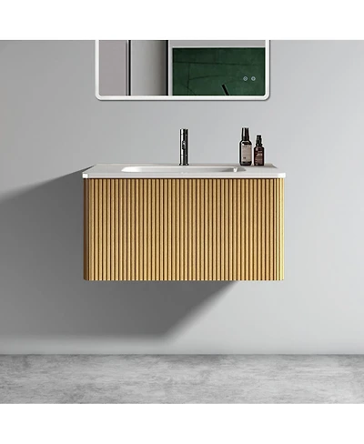 Sillysis Floating Bathroom Vanity with Integrated Ceramic Sink and Push Open Drawer, Wall Mounted for Small