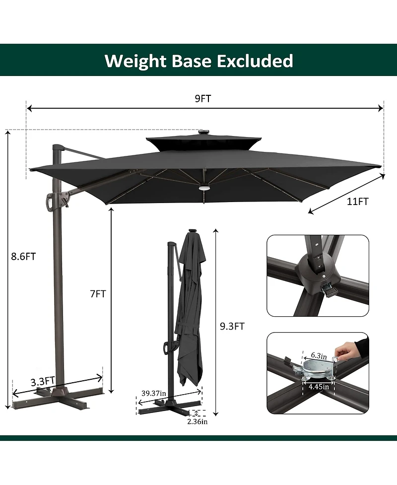 Pellebant Outdoor Patio Aluminum Double Canopy Led Solar Lights Cantilever Umbrella
