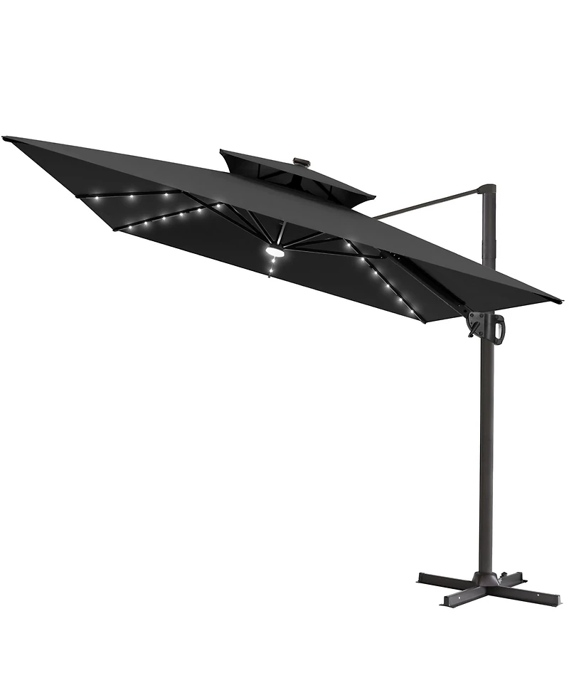 Pellebant Outdoor Patio Aluminum Double Canopy Led Solar Lights Cantilever Umbrella
