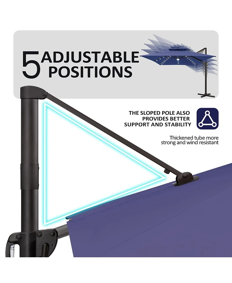 Pellebant Outdoor Patio 10X13FT Aluminum Double Canopy Led Solar Lights Cantilever Umbrella