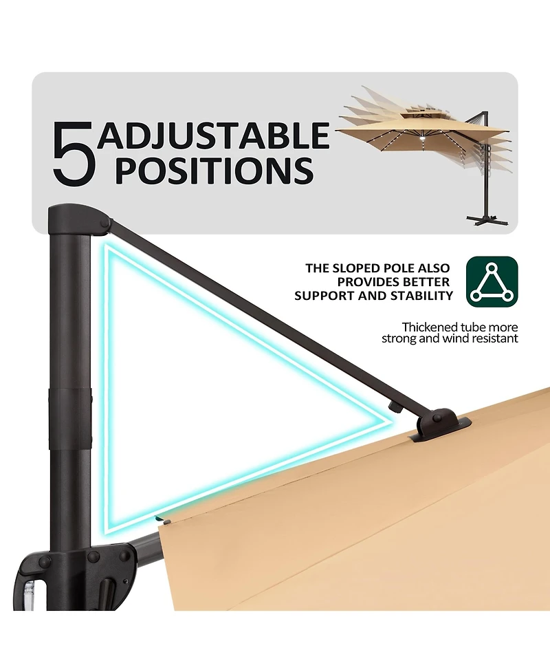 Pellebant Outdoor Patio 10X13FT Aluminum Double Canopy Led Solar Lights Cantilever Umbrella