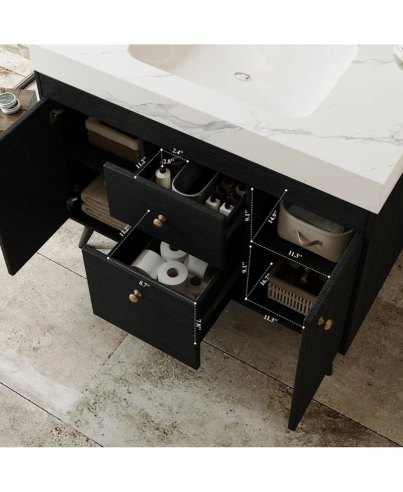 Sillysis Walnut Freestanding Bathroom Vanity with Sintered Stone Top, Ceramic Sink, Soft Close Storage, Stainless Steel Legs-Sillysis