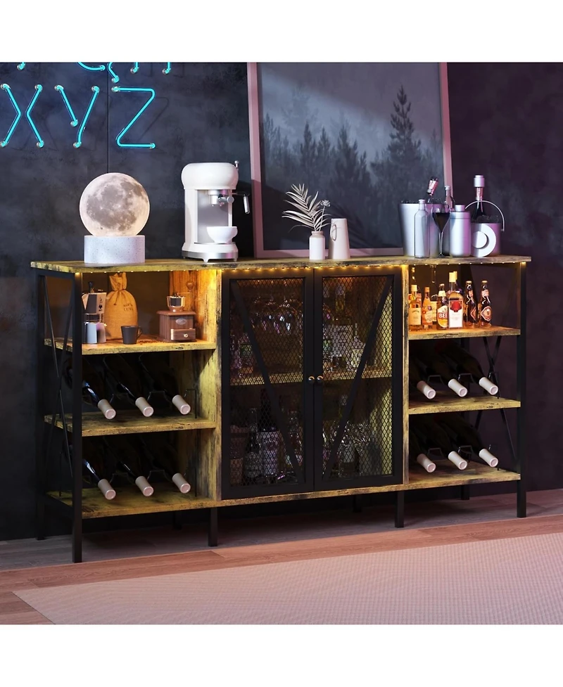 gaomon 55" Wine Bar Cabinet with Led Light, Modern Liquor Cabinet Station with Wine Rack and Mesh Door, Kitchen Sideboard Buffet Cabinet.