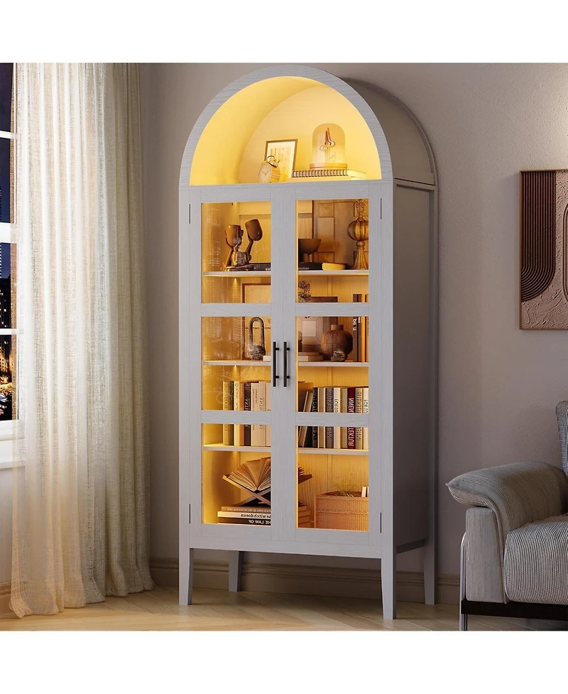 gaomon 70 in Tall Arched Kitchen Pantry Cabinet with Led Lights, Modern Wood Arched Bookshelf with Glass Doors and Adjustable Shelves