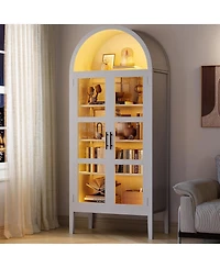 gaomon 70 in Tall Arched Kitchen Pantry Cabinet with Led Lights, Modern Wood Arched Bookshelf with Glass Doors and Adjustable Shelves