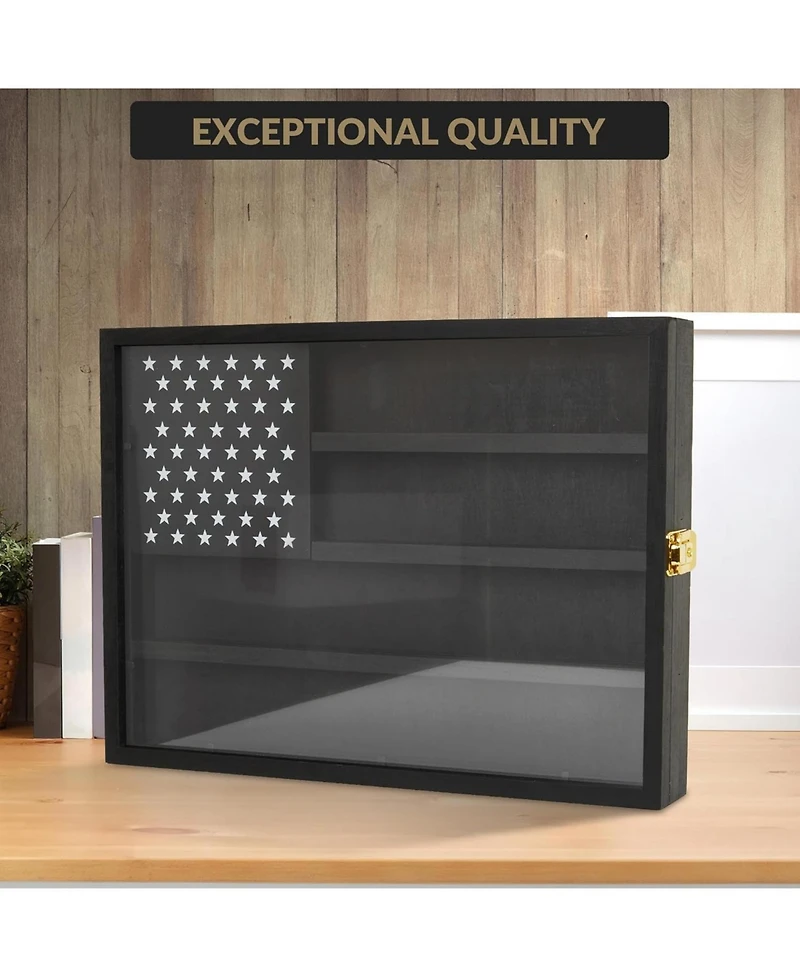 gaomon Challenge Coin Display Case,4-Row Wooden Challenge Coin Holder Display with Double-Groove Shelves,Lock&Acrylic Door for Military Medals, Casino