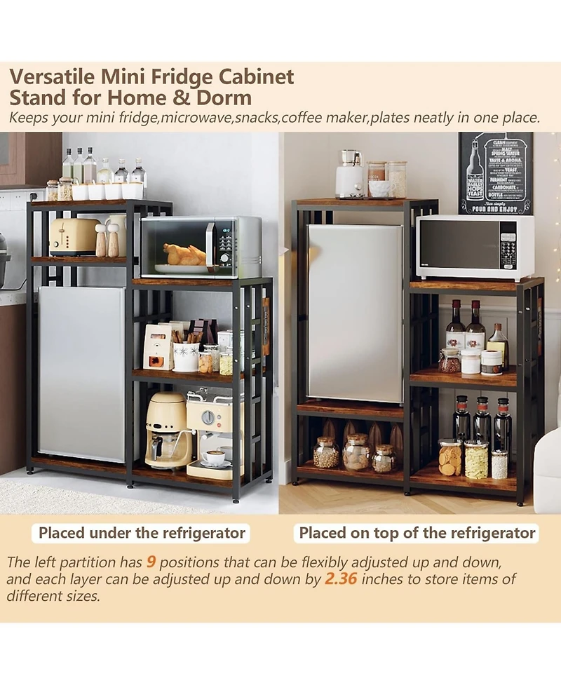 gaomon Tier Adjustable Mini Fridge Stand with Storage Shelf, Heavy Duty Kitchen Rack with 3 Power Outlets And Air Switch, Microwave and Coffee Bar