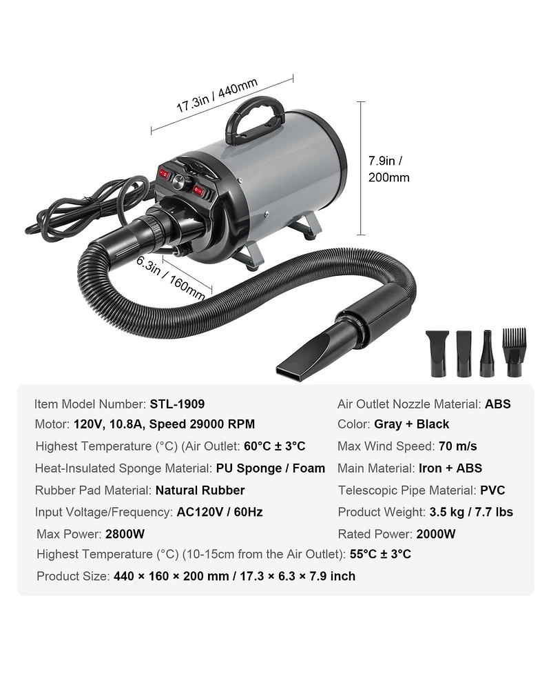 Zeus and Ruta 2800W Cat Dryer with Adjustable Speed and Temperature Control 4 Nozzles Extendable Hose Grey Black Pet Grooming