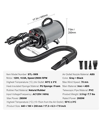 Zeus and Ruta 2800W Cat Dryer with Adjustable Speed and Temperature Control 4 Nozzles Extendable Hose Grey Black Pet Grooming