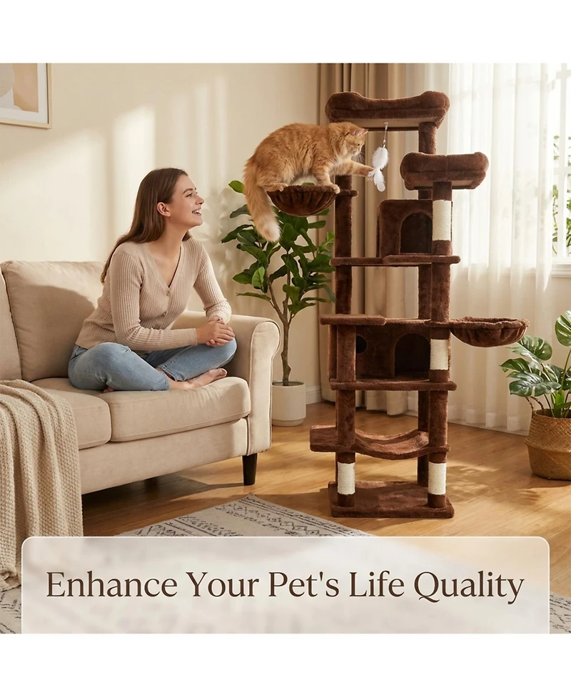 Zeus and Ruta 68 Inch Tall Multi Level Green Cat Tree with Hammocks Hanging Basket Cat Cave Removeable Cushion Scratching Posts