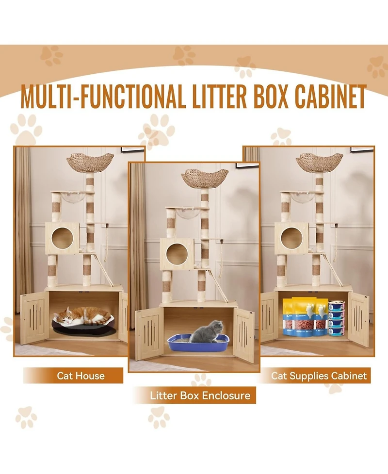 gaomon Cat Tree with Litter Box Enclosure, Hidden Washroom Litter Box Tree with Sisal Scratching Post and Soft Plush Perch, Wooden Cat Furniture