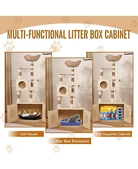 gaomon Cat Tree with Litter Box Enclosure, Hidden Washroom Litter Box Tree with Sisal Scratching Post and Soft Plush Perch, Wooden Cat Furniture