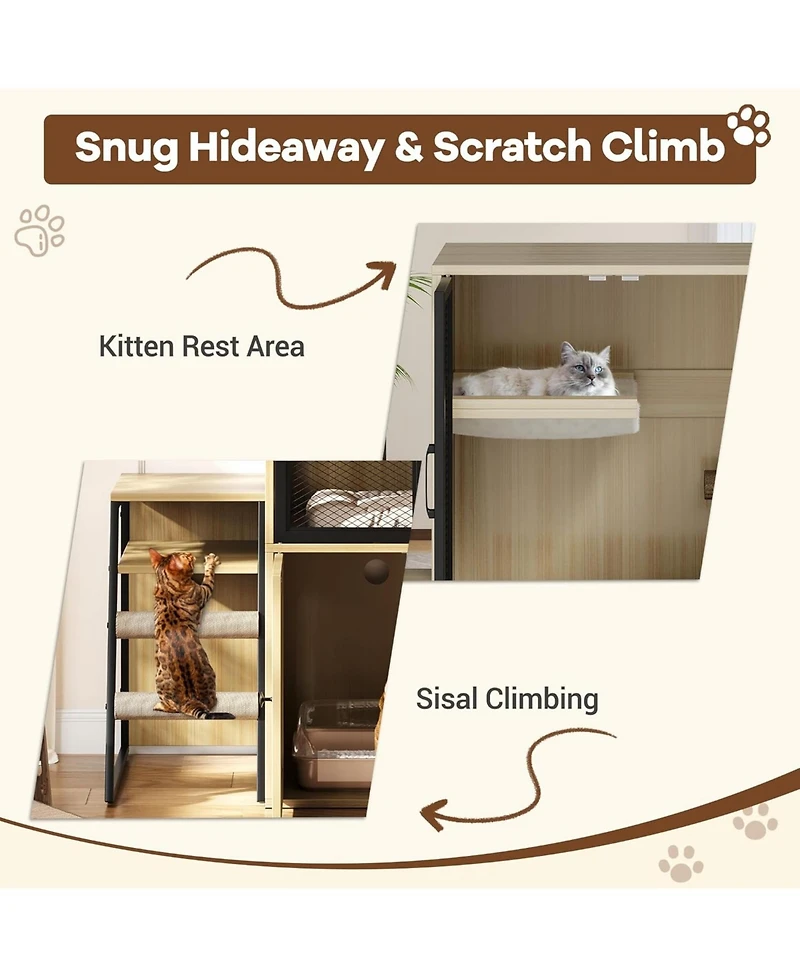 gaomon Cat Litter Box Furniture, 2 Tier Enclosed Furniture with Doors, Hidden Storage and Ladder