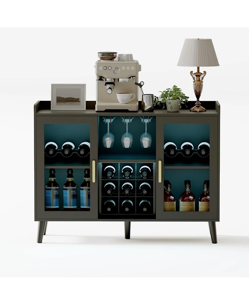 gaomon Modern Wood Wine Bar Cabinet with Led Light, Glass Holder, Doors And Wine Racks