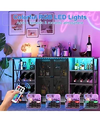 gaomon Farmhouse Wine Bar Cabinet with Rack and Glass Holder, Industry Coffee Led Light, Metal Sideboard Liquor Table Cabinet,Mesh