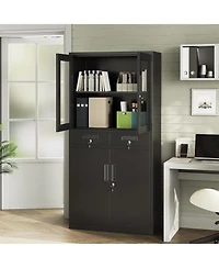 gaomon 71 Inch Tall Metal Garage Storage Cabinet with Glass Doors, 2 Lockable Drawers, 2 Adjustable Shelves, Lockable Steel Doors