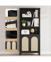 gaomon 70'' farmhouse bookshelf with door, three levels of open storage, floor standing display shelves and bookcase for home organization.