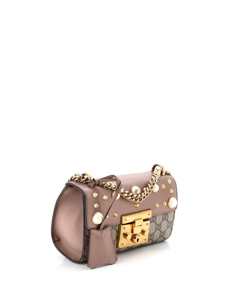 Pre-Owned Gucci Small Pearly Padlock Shoulder Bag Gg Coated Canvas with Studded Leather