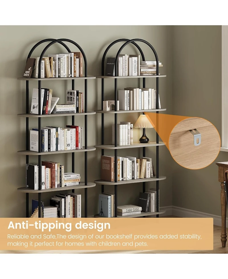 gaomon 71" Arched 5-Tier Bookshelf with Metal Frame, Freestanding Open Wood Display Rack