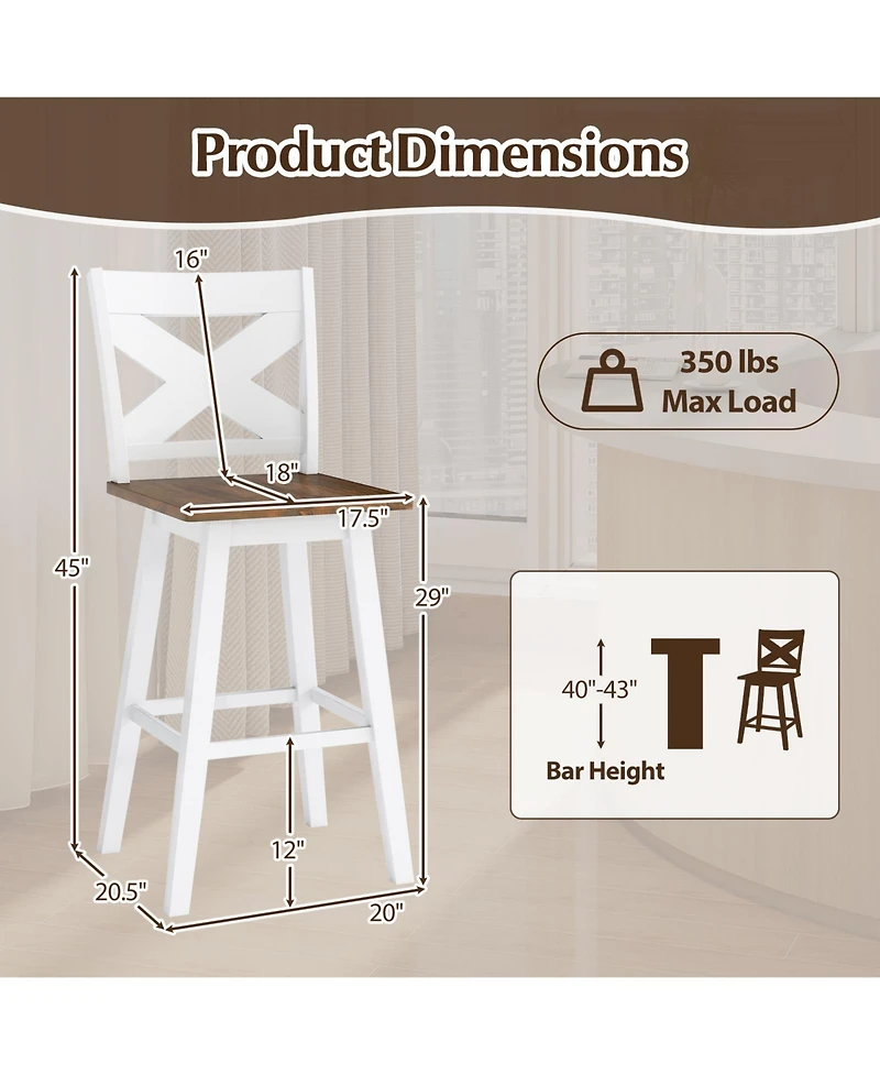 Gymax 29'' Swivel Barstools Set of 2 w/Backrest Large Seat Footrest for Kitchen