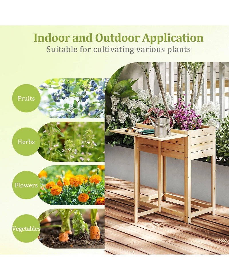 Sugift Wooden Raised Garden Bed with Legs and Foldable Side Table