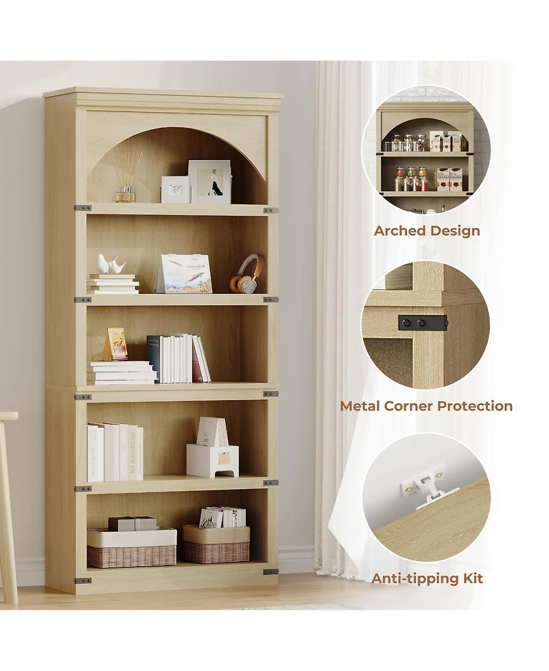 gaomon 68.7" Tall Farmhouse Arched 5-Tier Wooden Bookcase