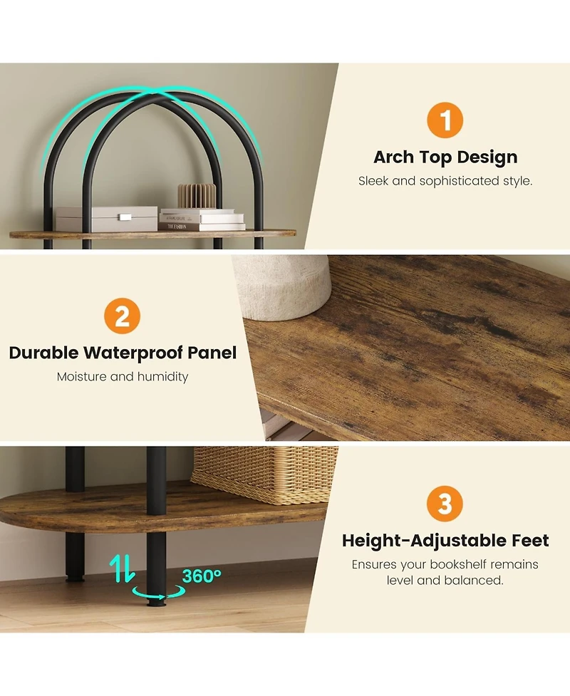 gaomon 71" Arched 5 Tier Bookshelf with Metal Frame, Freestanding Open Wood Display Rack