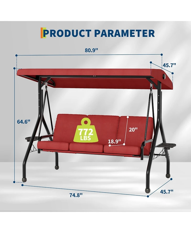 homfan 3-Seater Outdoor Swing with Adjustable Canopy, Thick Cushions, Cup Holders, Weather-Resistant Steel Frame, Patio Bench for Garden