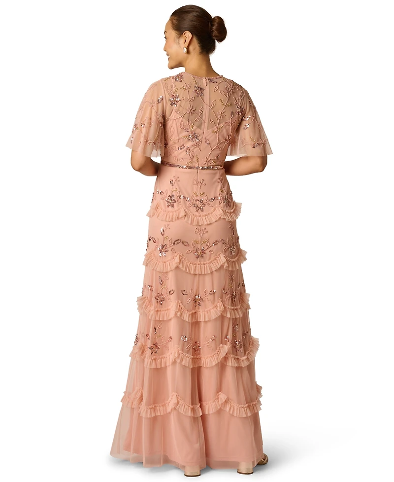Adrianna Papell Petite Crew Neck Ruffle Detail Maxi Dress
