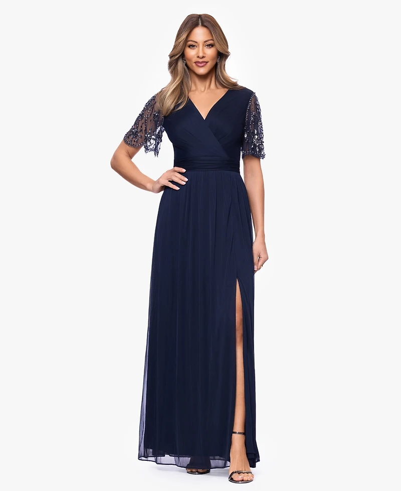 Xscape Women's Short-Sleeve V-Neck Long Gown