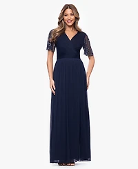 Xscape Women's Short-Sleeve V-Neck Long Gown