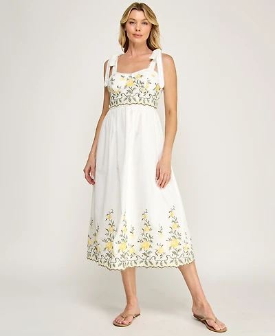 Row A Juniors' Tie-Shoulder Straps Embroidered Slim Sweetheart Neck Midi Dress